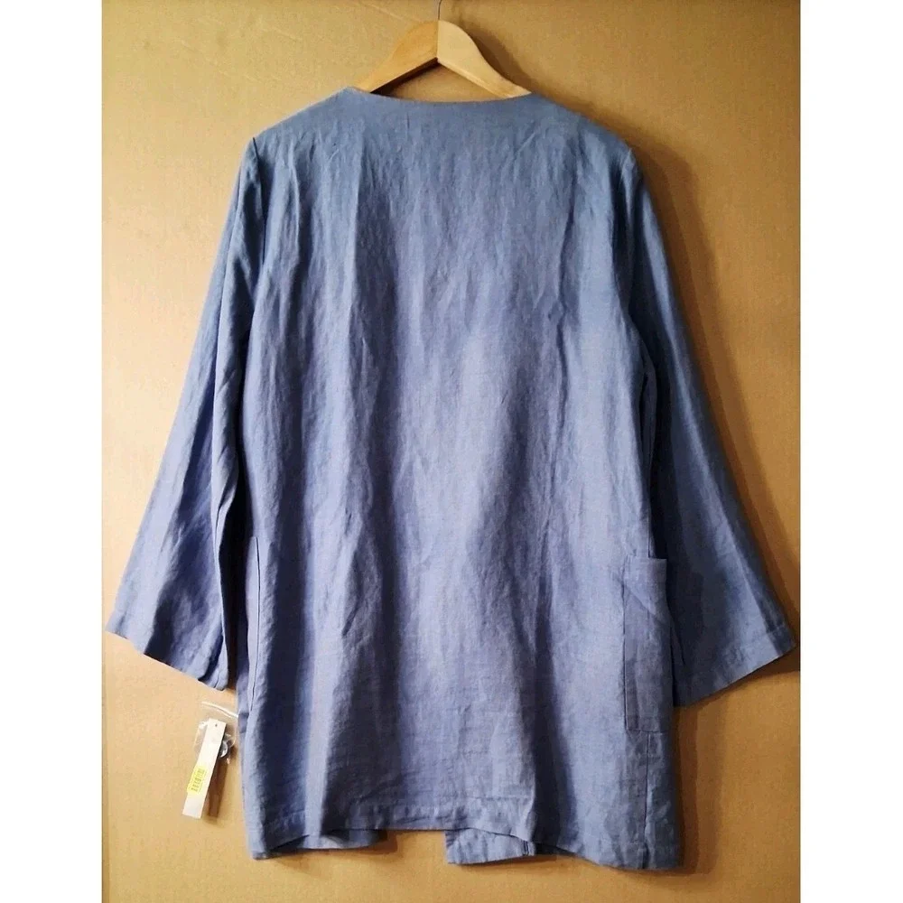 Preston & York Womens Linen Jacket Blue Middie 3/4 Sleeve Pocket Size 8 NWT $119